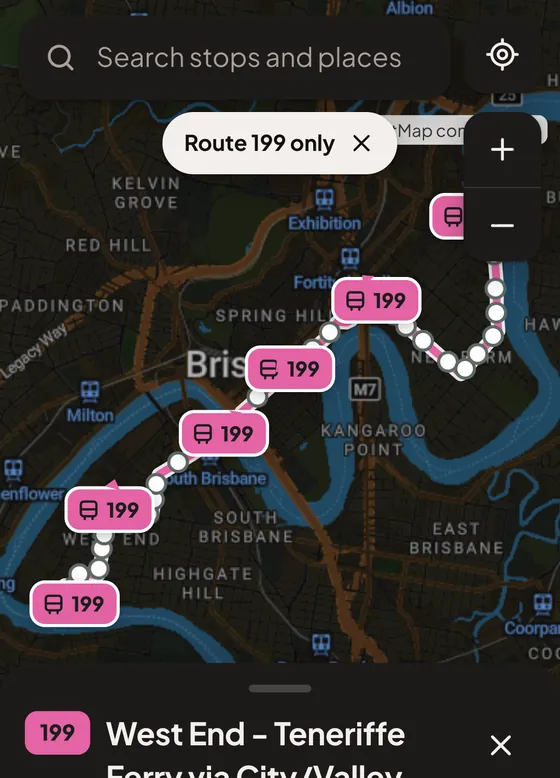 The GoSEQ map: route 199 across Brisbane with its buses shown live.