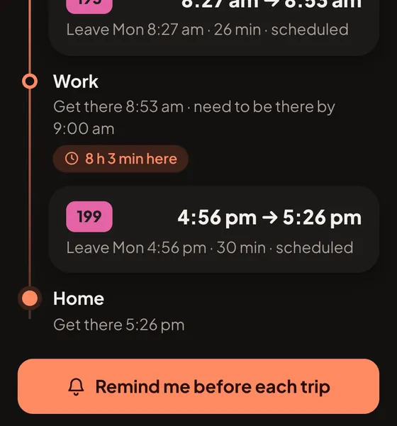 Your day in GoSEQ: two trips with times, and a Remind me before each trip button.