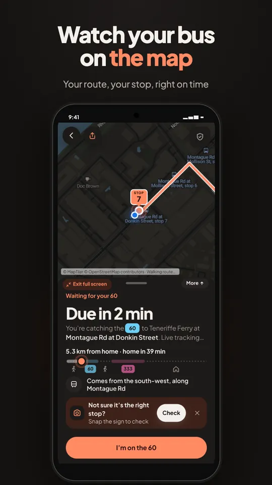Your bus on the map: the route and your stop, with a live countdown.